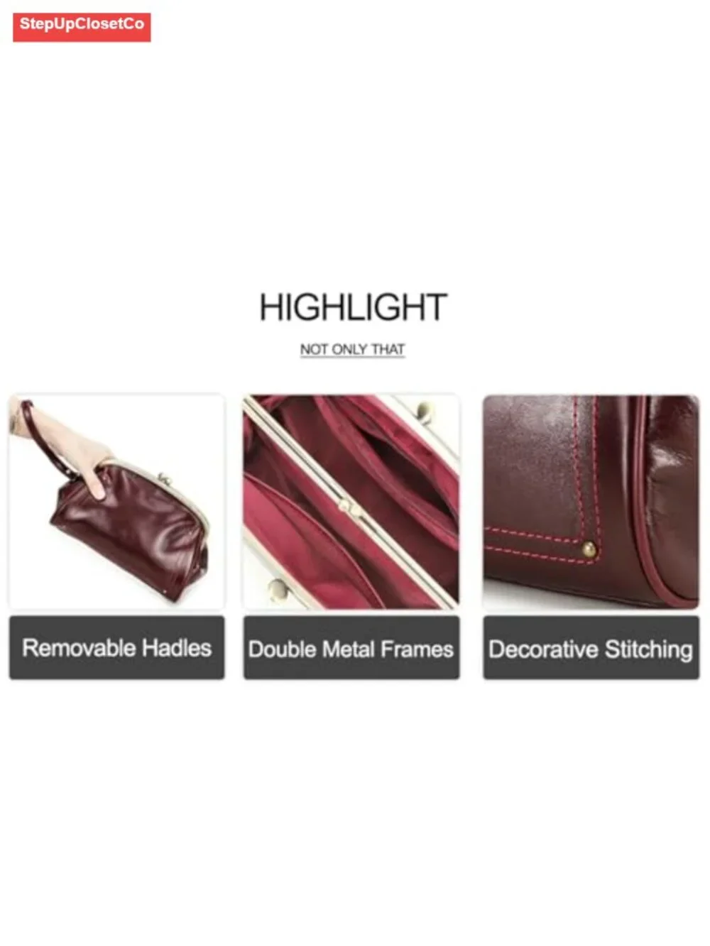 Genuine Leather Kiss Lock Clutch Bag Wristlet Evening Wedding Party